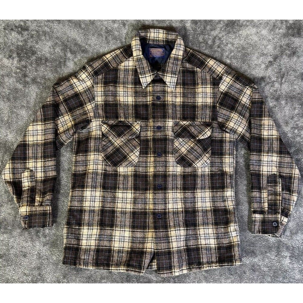 Rare 60s 70s Pendleton Wool Shirt Jacket L Brown Plaid 100% Virgin Wool USA VTG